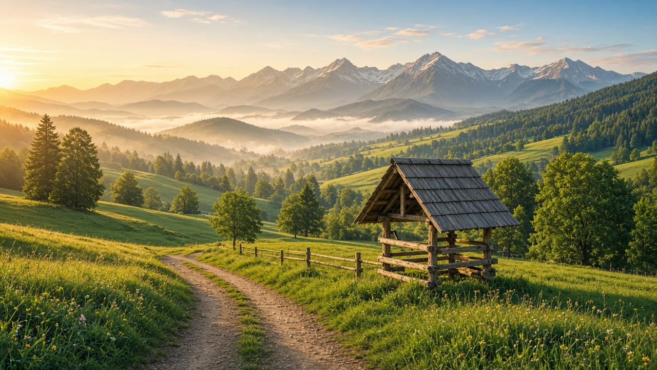 Slovensko podeželje — travniki, kozolec in Alpe